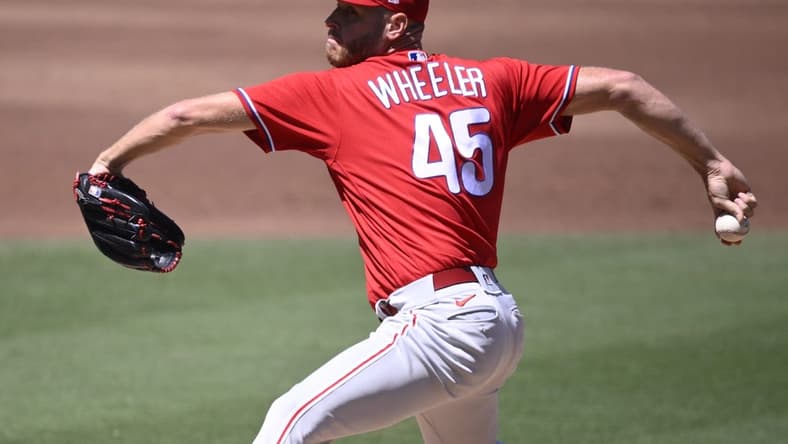 Sep 6, 2023; San Diego, California, USA; Philadelphia Phillies starting pitcher Zack Wheeler (45) throws a pitch against the San Diego Padres during the first inning at Petco Park. Mandatory Credit: Orlando Ramirez-USA TODAY Sports