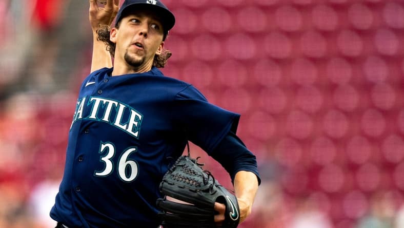 Seattle Mariners starting pitcher Logan Gilbert (36) delivers the pitch in the first inning of the MLB baseball game between the Cincinnati Reds and the Seattle Mariners at Great American Ball Park in Cincinnati on Wednesday, Sept. 6, 2023.