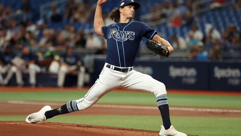 Sep 6, 2023; St. Petersburg, Florida, USA; Tampa Bay Rays starting pitcher Tyler Glasnow (20) throws a pitch against the Boston Red Sox during the first inning at Tropicana Field. Mandatory Credit: Kim Klement Neitzel-USA TODAY Sports