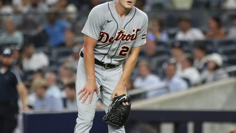 Sep 6, 2023; Bronx, New York, USA; Detroit Tigers starting pitcher Matt Manning (25) reacts after getting hit by a line drive in the first inning against the New York Yankees at Yankee Stadium. Mandatory Credit: Wendell Cruz-USA TODAY Sports