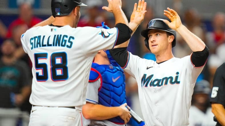 Sep 6, 2023; Miami, Florida, USA; Miami Marlins shortstop Joey Wendle (18) celebrates after hitting a home run against the Los Angeles Dodgers during the fifth inning at loanDepot Park. Mandatory Credit: Rich Storry-USA TODAY Sports