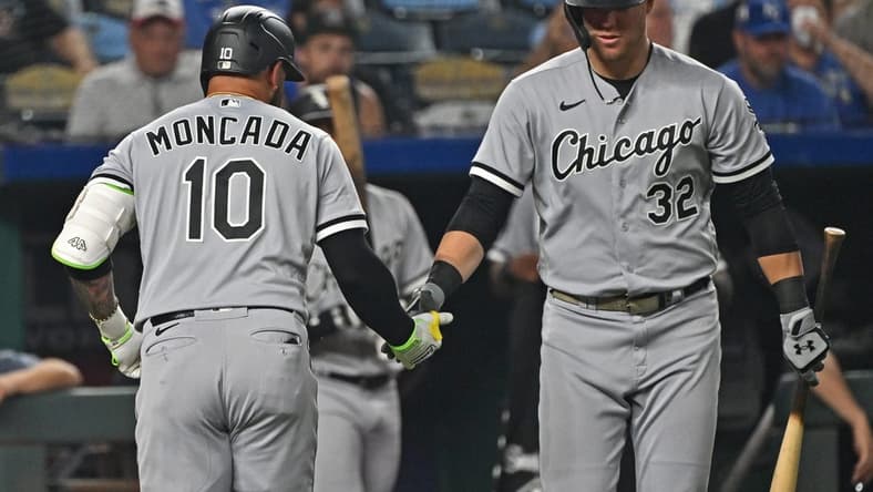 Sep 6, 2023; Kansas City, Missouri, USA;  Chicago White Sox third baseman Yoan Moncada (10) celebrates with first baseman Gavin Sheets (32) after hitting a solo home run in the sixth inning against the Kansas City Royals at Kauffman Stadium. Mandatory Credit: Peter Aiken-USA TODAY Sports