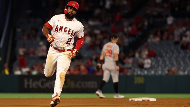 Sep 6, 2023; Anaheim, California, USA;  Los Angeles Angels shortstop Luis Rengifo (2) runs around bases after hitting a 2-run home run during the third inning against the Baltimore Orioles at Angel Stadium. Mandatory Credit: Kiyoshi Mio-USA TODAY Sports