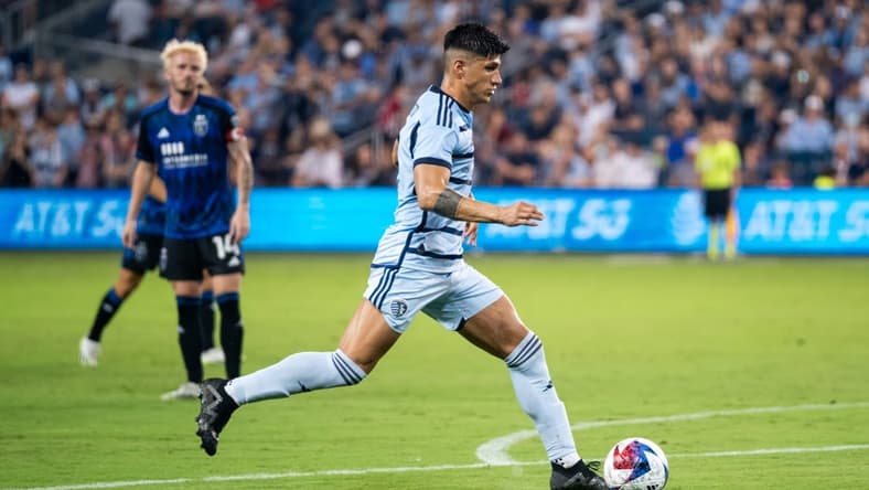 Aug 26, 2023; Kansas City, Kansas, USA; Sporting Kansas City forward Alan Pulido (9) controls the ball during the second half against the San Jose Earthquakes at Children's Mercy Park. Mandatory Credit: Jay Biggerstaff-USA TODAY Sports