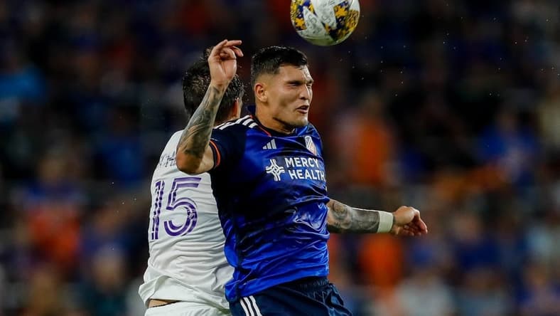 Sep 2, 2023; Cincinnati, Ohio, USA; FC Cincinnati forward Brandon Vazquez (19) heads the ball against Orlando City SC defender Rodrigo Schlegel (15) in the second half at TQL Stadium. Mandatory Credit: Katie Stratman-USA TODAY Sports