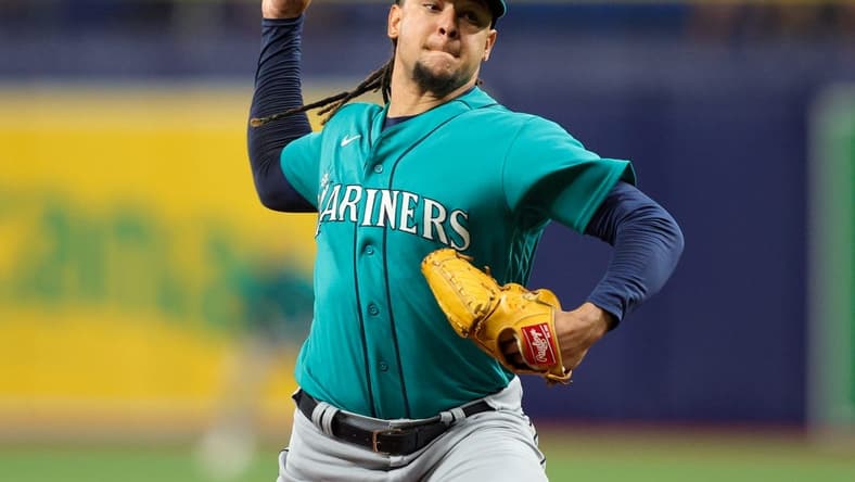 Sep 7, 2023; St. Petersburg, Florida, USA; Seattle Mariners starting pitcher Luis Castillo (58) throws a pitch against the Tampa Bay Rays in the second inning at Tropicana Field. Mandatory Credit: Nathan Ray Seebeck-USA TODAY Sports