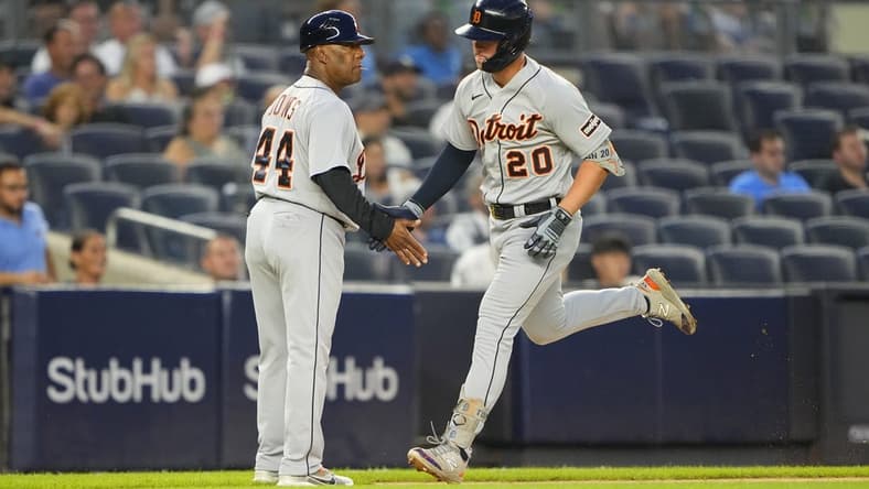 Sep 7, 2023; Bronx, New York, USA; Detroit Tigers third base coach Gary Jones (44) congratulates Detroit Tigers first baseman Spencer Torkelson (20) as he rounds the bases after hitting a two run home run against the New York Yankees during the first inning at Yankee Stadium. Mandatory Credit: Gregory Fisher-USA TODAY Sports