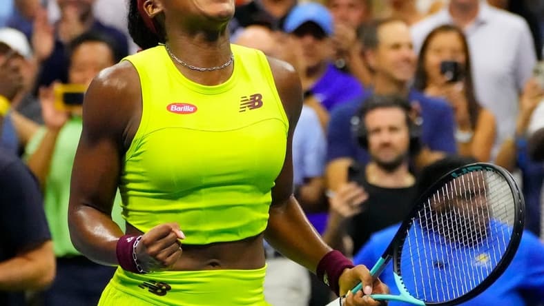 Sept 7, 2023; Flushing, NY, USA;  Coco Gauff of the USA after beating Karolina Muchova of Czech Republic in a women s singles semifinal on day eleven of the 2023 U.S. Open tennis tournament at USTA Billie Jean King National Tennis Center. Mandatory Credit: Robert Deutsch-USA TODAY Sports