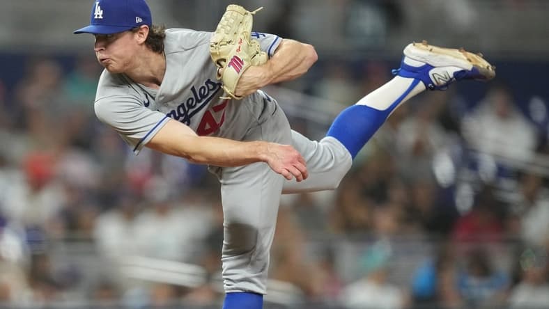 Sep 7, 2023; Miami, Florida, USA; Los Angeles Dodgers starting pitcher Ryan Pepiot (47) pitches against the Miami Marlins in the seventh inning at loanDepot Park. Mandatory Credit: Jim Rassol-USA TODAY Sports