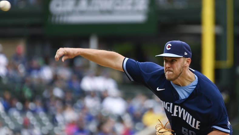 Sep 8, 2023; Chicago, Illinois, USA;  Chicago Cubs starting pitcher Jameson Taillon (50) delivers a pitch against the Arizona Diamondbacks during the first inning at Wrigley Field. Mandatory Credit: Matt Marton-USA TODAY Sports