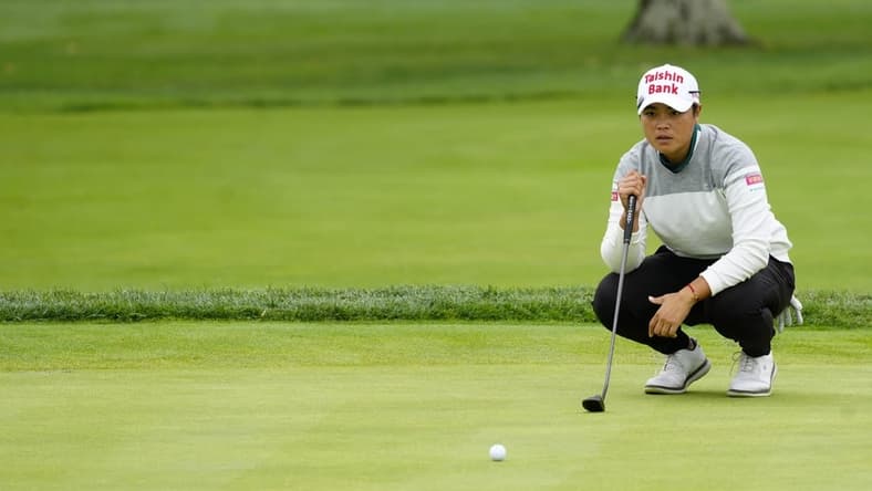 Sep 8, 2023; Madeira, OH, USA; Peiyun Chien, from Pingtung, Chinese Taipei, sizes up a putt on the 9th green in the 2023 Kroger Queen City Championship presented by P&G at Kenwood Country Club in Madeira, Ohio, Friday, Sept. 8, 2023. Mandatory Credit: Liz Dufour-USA TODAY Sports