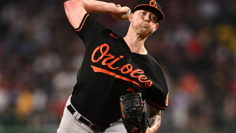 Sep 8, 2023; Boston, Massachusetts, USA; Baltimore Orioles starting pitcher Kyle Bradish (39) pitches against the Boston Red Sox during the first inning at Fenway Park. Mandatory Credit: Brian Fluharty-USA TODAY Sports