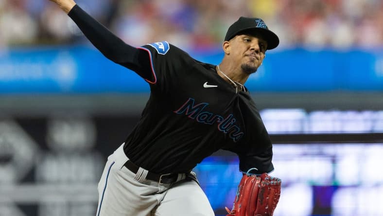 Sep 8, 2023; Philadelphia, Pennsylvania, USA; Miami Marlins starting pitcher Eury Perez (39) throws a pitch during the second inning against the Philadelphia Phillies at Citizens Bank Park. Mandatory Credit: Bill Streicher-USA TODAY Sports
