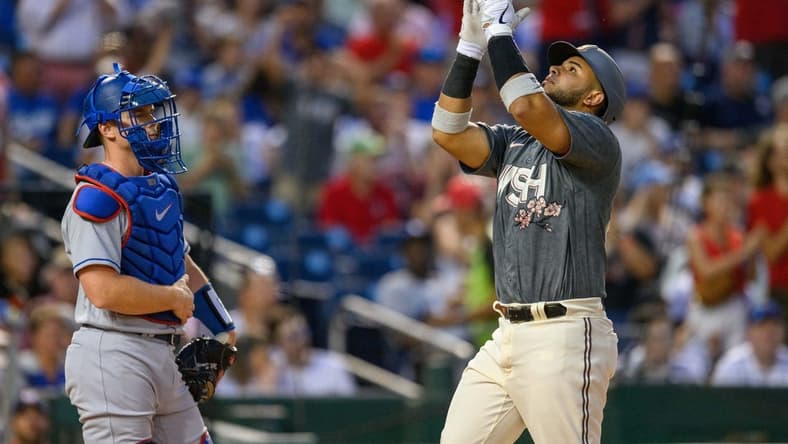 Sep 8, 2023; Washington, District of Columbia, USA; Washington Nationals catcher Keibert Ruiz (20) celebrates after hitting a three run home run against the Los Angeles Dodgers at Nationals Park. Mandatory Credit: Reggie Hildred-USA TODAY Sports