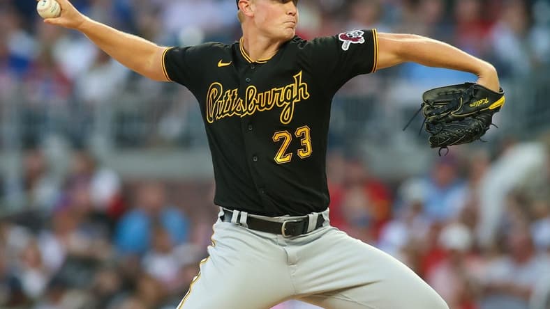 Sep 8, 2023; Atlanta, Georgia, USA; Pittsburgh Pirates starting pitcher Mitch Keller (23) throws against the Atlanta Braves in the second inning at Truist Park. Mandatory Credit: Brett Davis-USA TODAY Sports