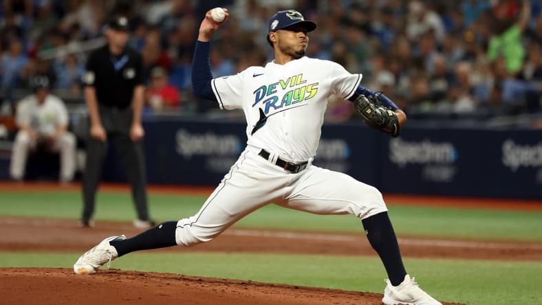 Sep 8, 2023; St. Petersburg, Florida, USA; Tampa Bay Rays starting pitcher Taj Bradley (45) throws a pitch  against the Seattle Mariners during the second inning at Tropicana Field. Mandatory Credit: Kim Klement Neitzel-USA TODAY Sports