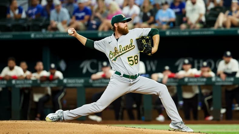 Sep 8, 2023; Arlington, Texas, USA;  Oakland Athletics starting pitcher Paul Blackburn (58) throws during the second inning against the Texas Rangers at Globe Life Field. Mandatory Credit: Kevin Jairaj-USA TODAY Sports