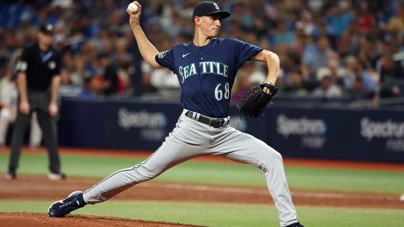 Sep 8, 2023; St. Petersburg, Florida, USA; Seattle Mariners starting pitcher George Kirby (68) throws a pitch against the Tampa Bay Rays during the third inning at Tropicana Field. Mandatory Credit: Kim Klement Neitzel-USA TODAY Sports