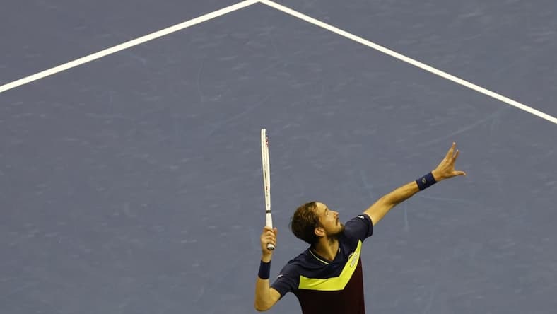 Sep 8, 2023; Flushing, NY, USA; Daniil Medvedev serves against Carlos Alcaraz of Spain (not pictured) in a men's singles semifinal on day twelve of the 2023 U.S. Open tennis tournament at USTA Billie Jean King Tennis Center. Mandatory Credit: Geoff Burke-USA TODAY Sports