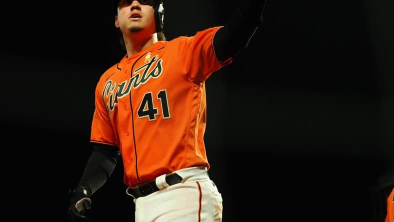 Sep 8, 2023; San Francisco, California, USA; San Francisco Giants first baseman Wilmer Flores (41) gestures towards fans after hitting a two-run home run against the Colorado Rockies during the sixth inning at Oracle Park. Mandatory Credit: Kelley L Cox-USA TODAY Sports