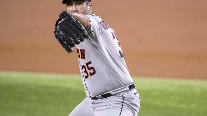 Sep 6, 2023; Arlington, Texas, USA; Houston Astros starting pitcher Justin Verlander (35) in action during the game between the Texas Rangers and the Houston Astros at Globe Life Field. Mandatory Credit: Jerome Miron-USA TODAY Sports