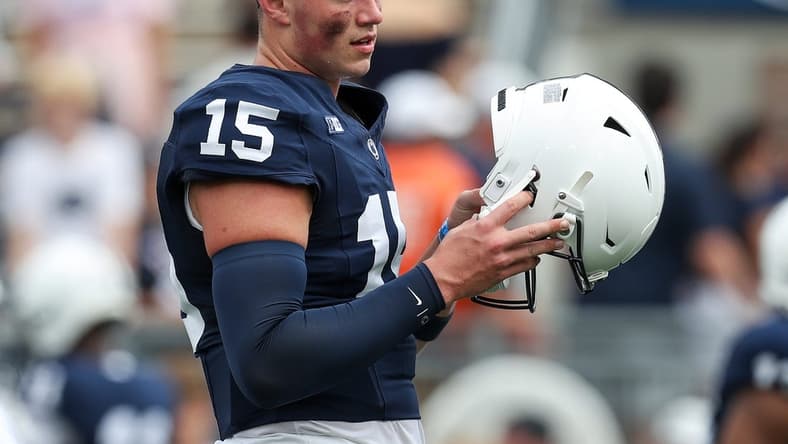 Sep 9, 2023; University Park, Pennsylvania, USA; Penn State Nittany Lions quarterback Drew Allar (15) looks on from the field during a warm up prior to the game against the Delaware Fightin' Blue Hens at Beaver Stadium. Mandatory Credit: Matthew O'Haren-USA TODAY Sports