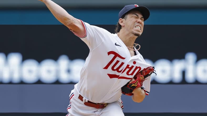 Sep 9, 2023; Minneapolis, Minnesota, USA; Minnesota Twins starting pitcher Kenta Maeda (18) throws to the New York Mets in the first inning at Target Field. Mandatory Credit: Bruce Kluckhohn-USA TODAY Sports