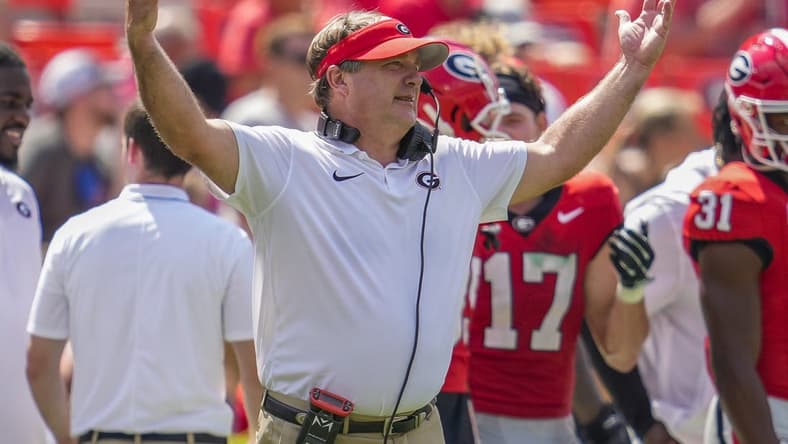Sep 9, 2023; Athens, Georgia, USA; Georgia Bulldogs head coach Kirby Smart reacts to the game against the Ball State Cardinals during the second half at Sanford Stadium. Mandatory Credit: Dale Zanine-USA TODAY Sports