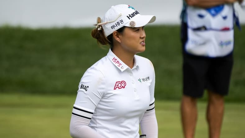Sep 9, 2023; Cincinnati, Ohio, USA; Minjee Lee, of Perth, Australia, pumps her fist after putting for par on the 18th hole at the 2023 Kroger Queen City Championship presented by P&G at Kenwood Country Club in Madeira, Ohio. Mandatory Credit: Carter Skaggs-USA TODAY Sports