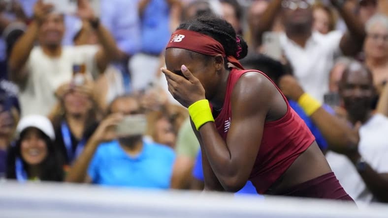 Sep 9, 2023; Flushing, NY, USA; Coco Gauff of the United States celebrates match point against Aryna Sabalenka to win the women's singles final on day thirteen of the 2023 U.S. Open tennis tournament at USTA Billie Jean King Tennis Center. Mandatory Credit: Robert Deutsch-USA TODAY Sports