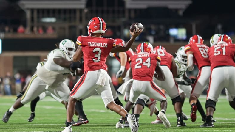 Sep 9, 2023; College Park, Maryland, USA;  Maryland Terrapins quarterback Taulia Tagovailoa (3) throws from the pocket during the first half against the Charlotte 49ers at SECU Stadium. Mandatory Credit: Tommy Gilligan-USA TODAY Sports