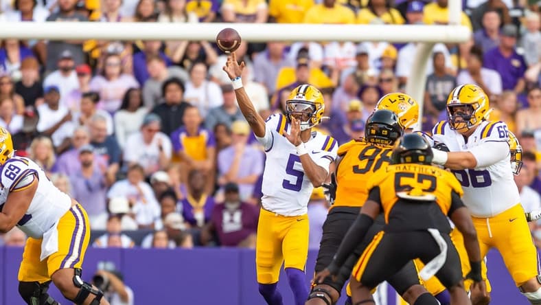Tigers Quarterback Jayden Daniels 5 throws a pass as the LSU Tigers take on Grambling State at Tiger Stadium in Baton Rouge, Louisiana, Saturday, Sept. 9, 2023.
