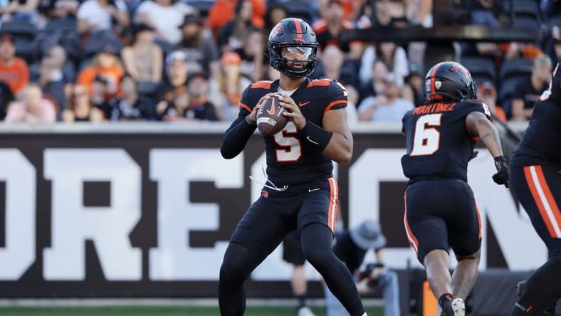 Sep 9, 2023; Corvallis, Oregon, USA; Oregon State Beavers quarterback DJ Uiagalelei (5) looks to throw during the first half against the UC Davis Aggies at Reser Stadium. Mandatory Credit: Soobum Im-USA TODAY Sports