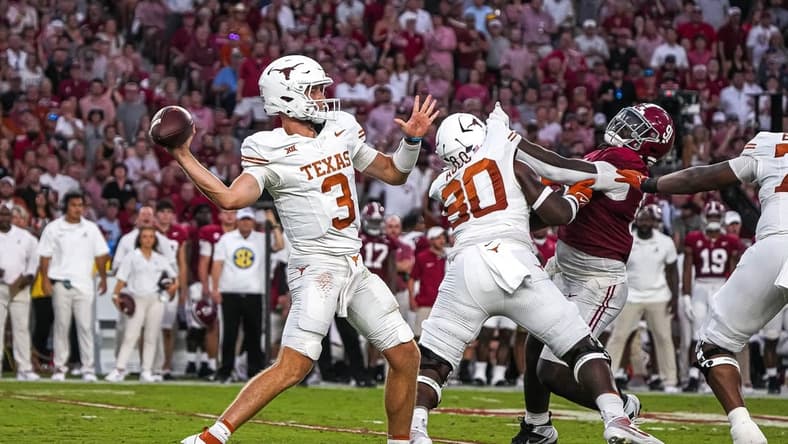 Sep. 9, 2023; Tuscaloosa, Alabama; Texas Longhorns quarterback Quinn Ewers (3) throws a pass during the game against Alabama at Bryant-Denny Stadium on Saturday, Sep. 9, 2023 in Tuscaloosa, Alabama. Mandatory Credit: Aaron E. Martinez-USA TODAY NETWORK
