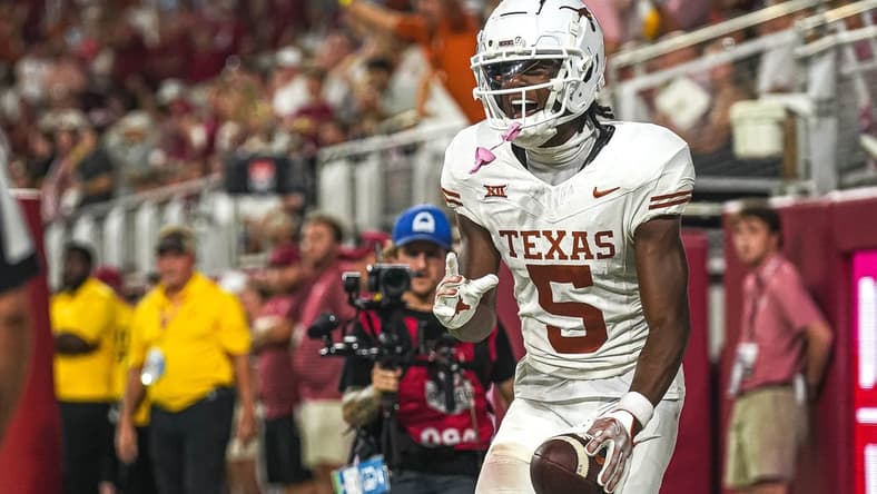 Sep. 9, 2023; Tuscaloosa, Alabama; Texas Longhorns wide receiver Adonai Mitchell (5) celebrates a touchdown against Alabama at Bryant-Denny Stadium on Saturday, Sep. 9, 2023 in Tuscaloosa, Alabama. Mandatory Credit: Aaron E. Martinez-USA TODAY NETWORK