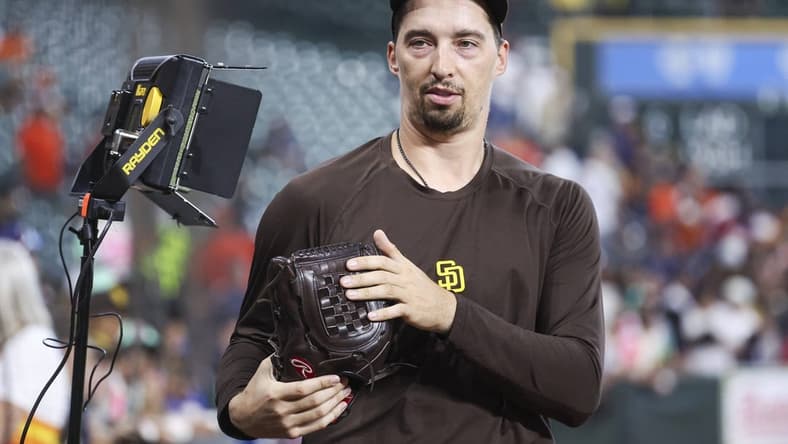 Sep 10, 2023; Houston, Texas, USA; San Diego Padres starting pitcher Blake Snell (4) walks to the dugout before the game against the Houston Astros at Minute Maid Park. Mandatory Credit: Troy Taormina-USA TODAY Sports