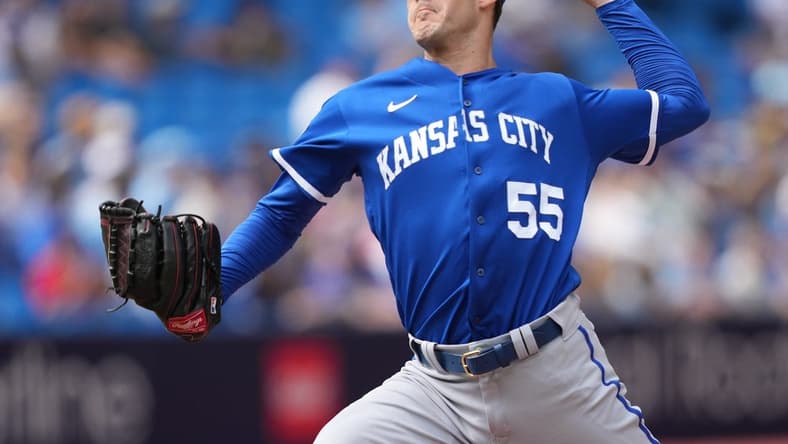 Sep 10, 2023; Toronto, Ontario, CAN; Kansas City Royals starting pitcher Cole Ragans (55) throws a pitch against the Toronto Blue Jays during the first inning at Rogers Centre. Mandatory Credit: Nick Turchiaro-USA TODAY Sports