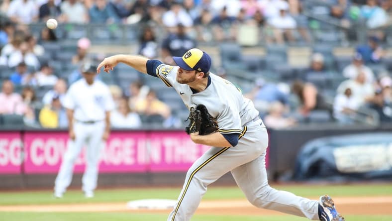 Sep 10, 2023; Bronx, New York, USA; Milwaukee Brewers starting pitcher Corbin Burnes (39) pitches in the first inning against the New York Yankees at Yankee Stadium. Mandatory Credit: Wendell Cruz-USA TODAY Sports