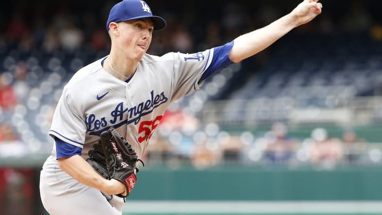 Sep 10, 2023; Washington, District of Columbia, USA; Los Angeles Dodgers starting pitcher Ryan Yarbrough (56) throws the ball in the first inning against the Washington Nationals at Nationals Park. Mandatory Credit: Amber Searls-USA TODAY Sports