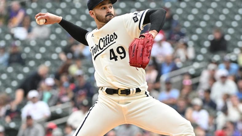 Sep 10, 2023; Minneapolis, Minnesota, USA; Minnesota Twins starting pitcher Pablo Lopez (49) delivers a pitch against the New York Mets in the second inning at Target Field. Mandatory Credit: Michael McLoone-USA TODAY Sports