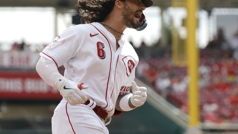 Sep 10, 2023; Cincinnati, Ohio, USA; Cincinnati Reds second baseman Jonathan India (6) reacts as he runs the bases after hitting a solo home run against the St. Louis Cardinals during the third inning at Great American Ball Park. Mandatory Credit: David Kohl-USA TODAY Sports