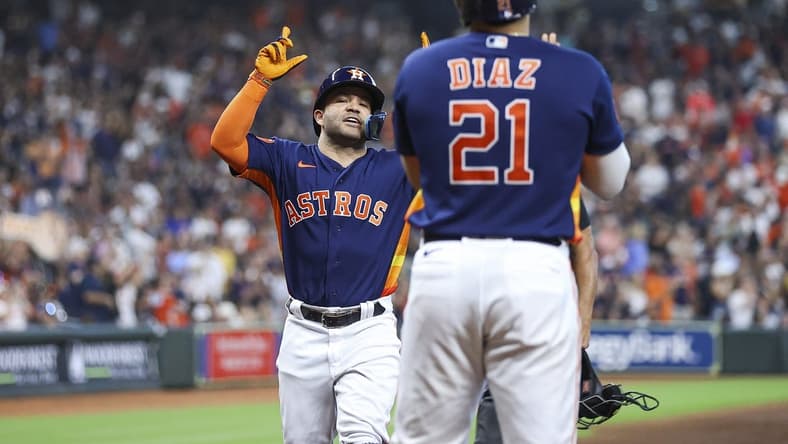 Sep 10, 2023; Houston, Texas, USA; Houston Astros second baseman Jose Altuve (27) celebrates after hitting a home run during the third inning against the San Diego Padres at Minute Maid Park. Mandatory Credit: Troy Taormina-USA TODAY Sports