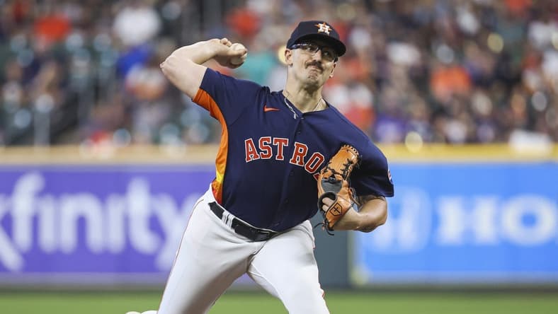Sep 10, 2023; Houston, Texas, USA; Houston Astros starting pitcher J.P. France (68) delivers a pitch during the second inning against the San Diego Padres at Minute Maid Park. Mandatory Credit: Troy Taormina-USA TODAY Sports