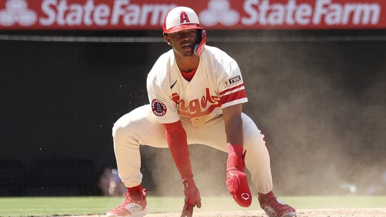 Sep 10, 2023; Anaheim, California, USA; Los Angeles Angels second baseman Kyren Paris (19) looks on after scoring on a ground out by Los Angeles Angels right fielder Randal Grichuk (15) during the third inning against the Cleveland Guardians at Angel Stadium. Mandatory Credit: Jessica Alcheh-USA TODAY Sports