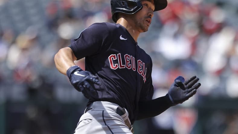 Sep 10, 2023; Anaheim, California, USA; Cleveland Guardians left fielder Steven Kwan (38) runs after hitting a double during the fifth inning against the Los Angeles Angels at Angel Stadium. Mandatory Credit: Jessica Alcheh-USA TODAY Sports