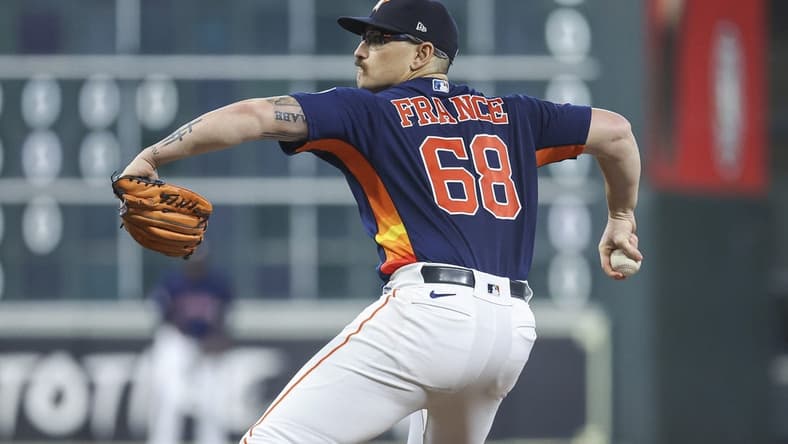 Sep 10, 2023; Houston, Texas, USA; Houston Astros starting pitcher J.P. France (68) pitches during the game against the San Diego Padres at Minute Maid Park. Mandatory Credit: Troy Taormina-USA TODAY Sports