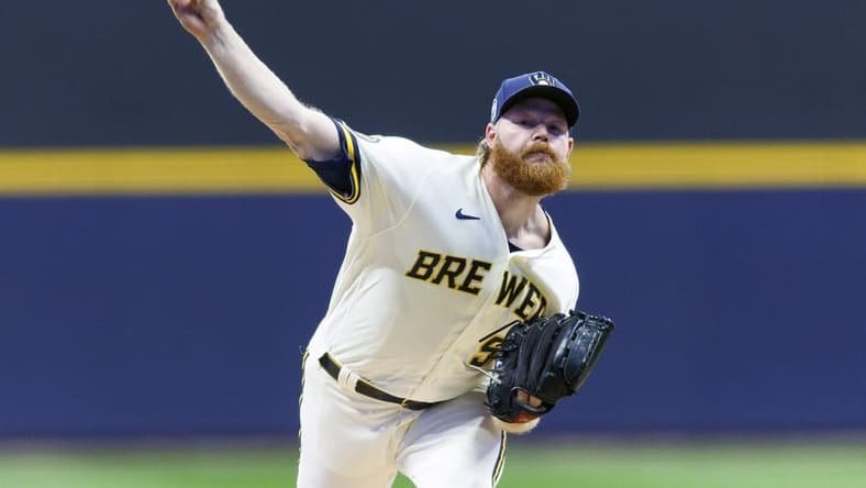 Sep 11, 2023; Milwaukee, Wisconsin, USA;  Milwaukee Brewers pitcher Brandon Woodruff (53) throws a pitch during the first inning against the Miami Marlins at American Family Field. Mandatory Credit: Jeff Hanisch-USA TODAY Sports