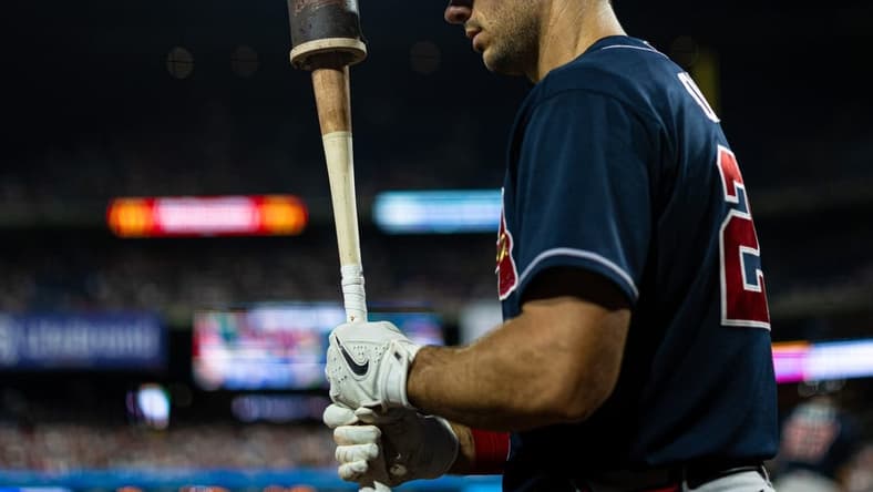 Sep 11, 2023; Philadelphia, Pennsylvania, USA; Atlanta Braves first baseman Matt Olson (28) at the on deck circle during the fifth inning against the Philadelphia Phillies at Citizens Bank Park. Mandatory Credit: Bill Streicher-USA TODAY Sports
