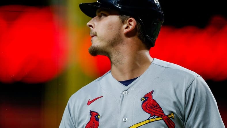 Sep 8, 2023; Cincinnati, Ohio, USA; St. Louis Cardinals second baseman Nolan Gorman (16) walks off the field after striking out in the eighth inning against the Cincinnati Reds at Great American Ball Park. Mandatory Credit: Katie Stratman-USA TODAY Sports