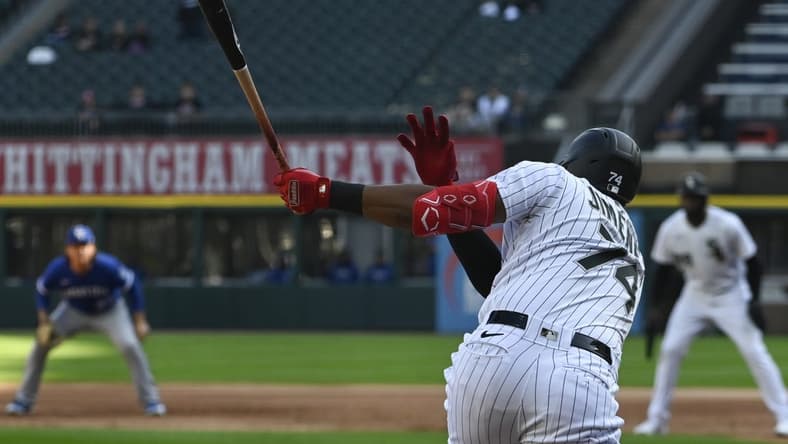 Sep 12, 2023; Chicago, Illinois, USA;  Chicago White Sox designated hitter Eloy Jimenez (74) hits an RBI single against the Kansas City Royals during the first inning at Guaranteed Rate Field. Mandatory Credit: Matt Marton-USA TODAY Sports